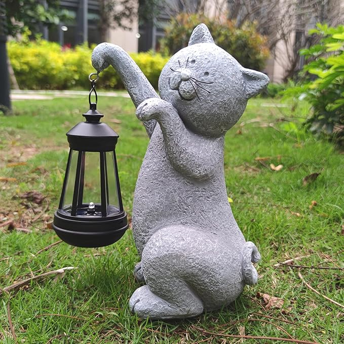 Cat Solar Garden Statues,Resin Cat Figurine Decorations with Solar Lights Lantern, Outdoor，Statue Decor Art for Lawn,Yard,Unique Housewarming Gift for Garden Home-VerdiqueGarden