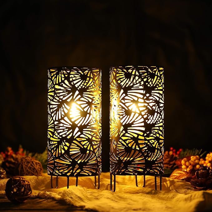 JHY DESIGN Set of 2 Metal Lamp Battery Powered 9''High Accent Cordless Lamp with LED Bulb Huge Fan Patterned Battery Lamp for Weddings Parties Patio Garden Indoors Outdoors Table Bed Room-VerdiqueGarden