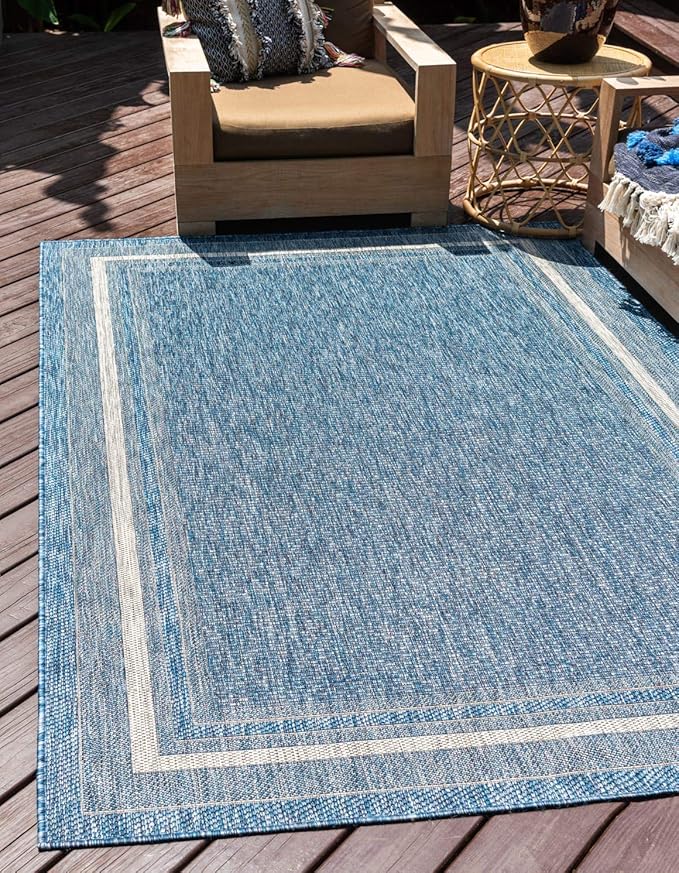 Unique Loom Outdoor Border Collection Area Rug - Soft Border (4' 1" x 6' 1" Rectangle, Blue/ Ivory)-VerdiqueGarden