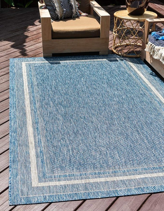 Unique Loom Outdoor Border Collection Area Rug - Soft Border (6' 1" x 9' Rectangle, Blue/ Ivory)-VerdiqueGarden