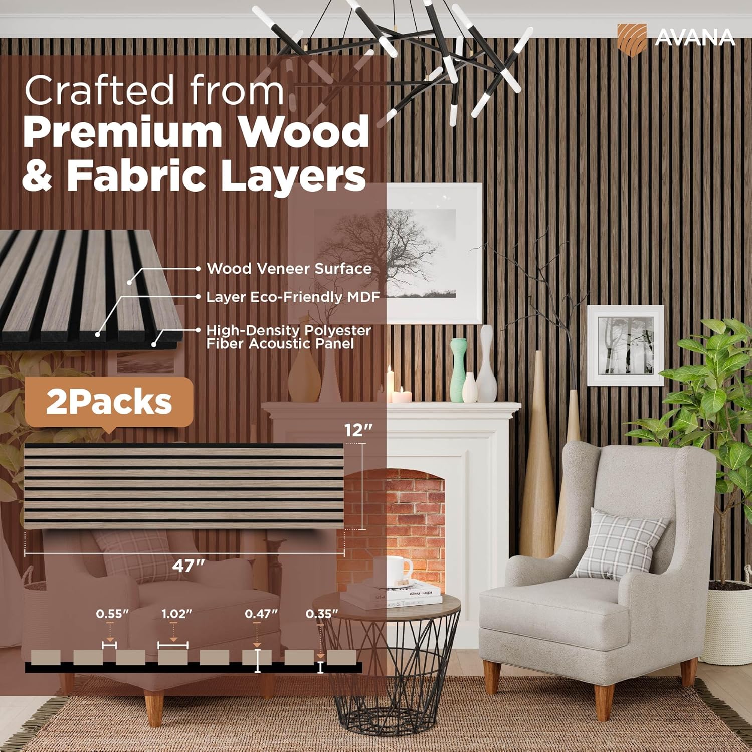 Avana Acoustic Wood Wall Panels – 47.2 X 12.6 Inch Walnut Acoustic Panels 2 PCs – Modern Wall Panels For Interior Wall Decor for Homes, Offices, Studios – Sturdy And Durable Wood Panels For Wall-VerdiqueGarden