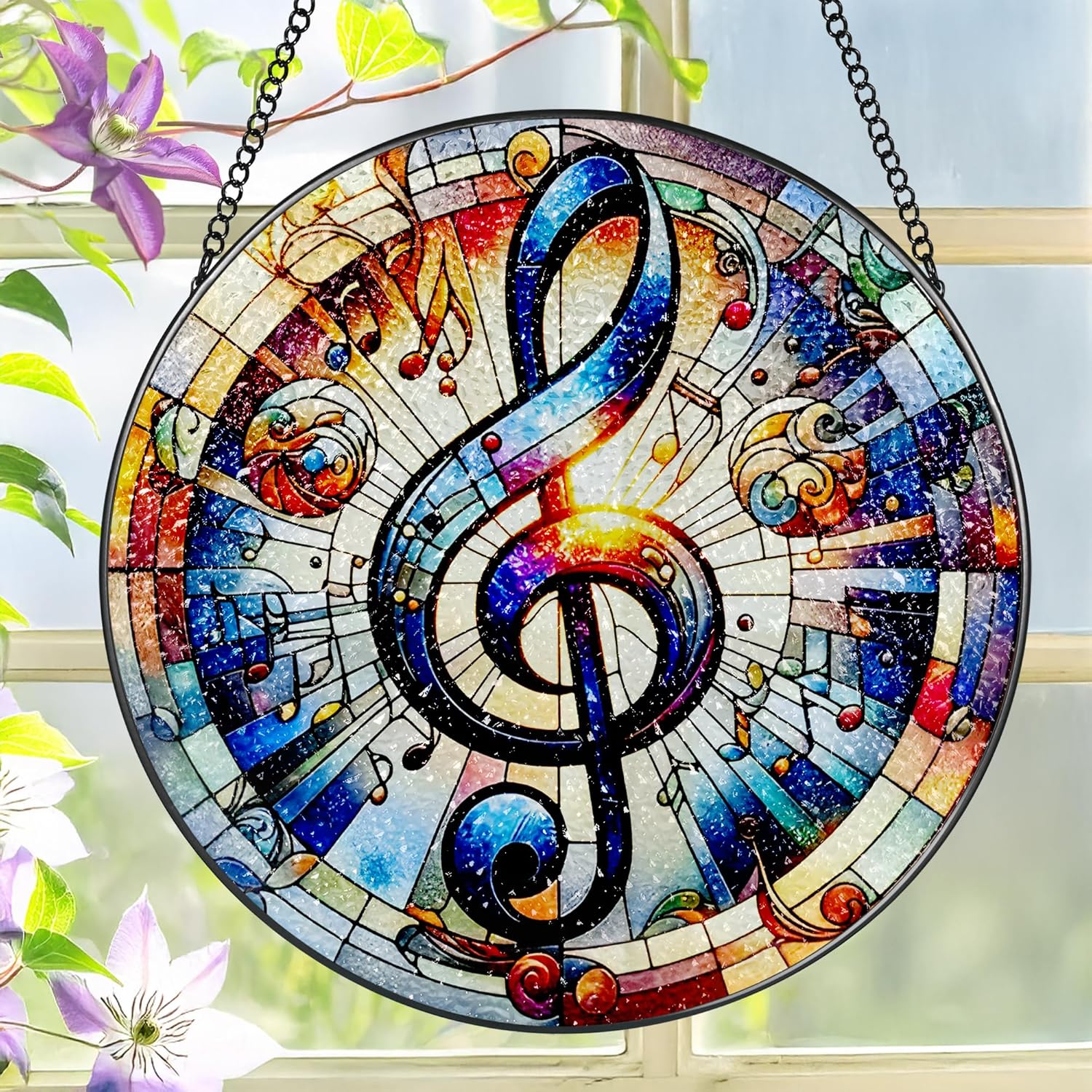 Stained Glass Window Hanging, LAOWEIKI 8'' Musical Note Suncatcher, Stained Glass Ornament, Suncatchers for Windows Hanging, Window Decor, Outdoor or Indoor, Gifts for Friends, Music Lover-VerdiqueGarden