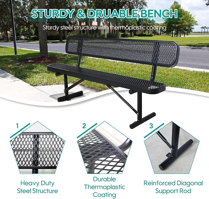 8 FT Heavy Duty Metal Park Bench for Outside, Black Bench with Backrest,4-6 Person Seat, Outdoor Commercial Metal Mesh Benches for Shopping Mall, Lawn, Park, Deck, Garden, Patio, Porch-VerdiqueGarden