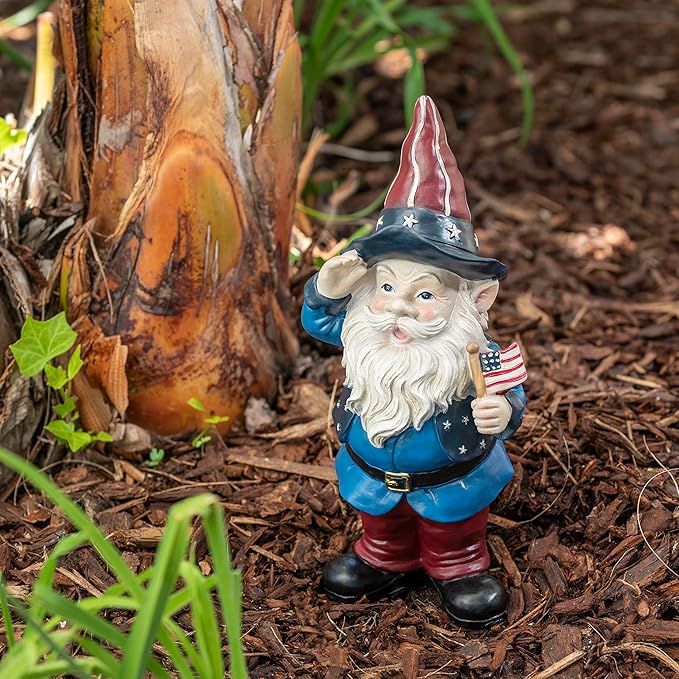 Alpine Corporation 12" Tall Outdoor Patriotic Garden Gnome Saluting Yard Statue Decoration-VerdiqueGarden