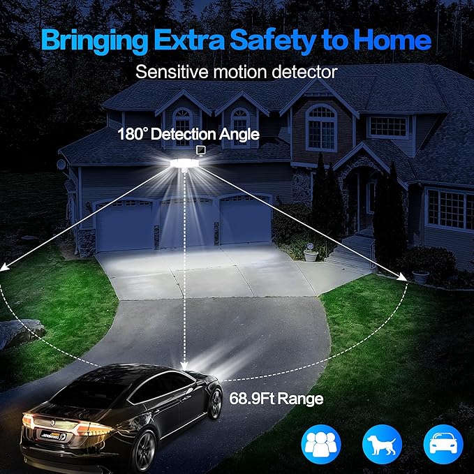 Energetic Solar Outdoor Lights, 1800LM 150 LED Security Motion Sensor Outdoor Lights with Remote Control, IP65 Waterproof Floodlight, 3 Head Motion Detected Spotlight for Garage, Pack of 2 (White)-VerdiqueGarden