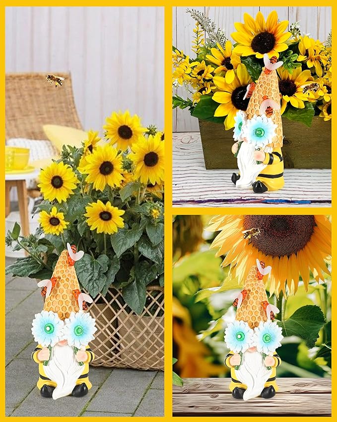 iStatue Garden Gnomes Outdoor Clearance with Solar Bee Lights - 9.5'' Resin Figurine Honeycomb Sunflower Spring Summer Decoration for Home Garden Decor Lawn Ornaments (Mr Bee Gnome)-VerdiqueGarden