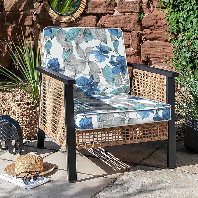 LVTXIII Patio Chair Cushions 22"x22"x3", Water-Repellent Outdoor Seat Cushions for Patio Furniture, Square Chair Pads with Ties for Home Garden Decoration, Set of 2, Clemens Noir Blue-VerdiqueGarden