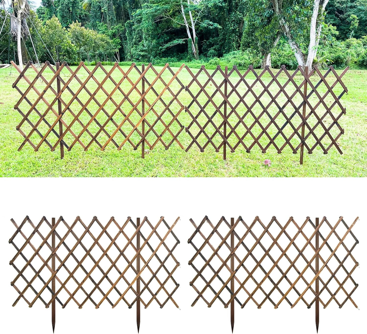ShopLaLa Garden Fence (2 Pack, Total 12ft (L)) Wooden Lattice Panels for Outside Flower Edging Landscape Patio Outdoor Decor, Expandable Wood Plant Trellis Fences and Gates, Animal Barrier for Dogs-VerdiqueGarden