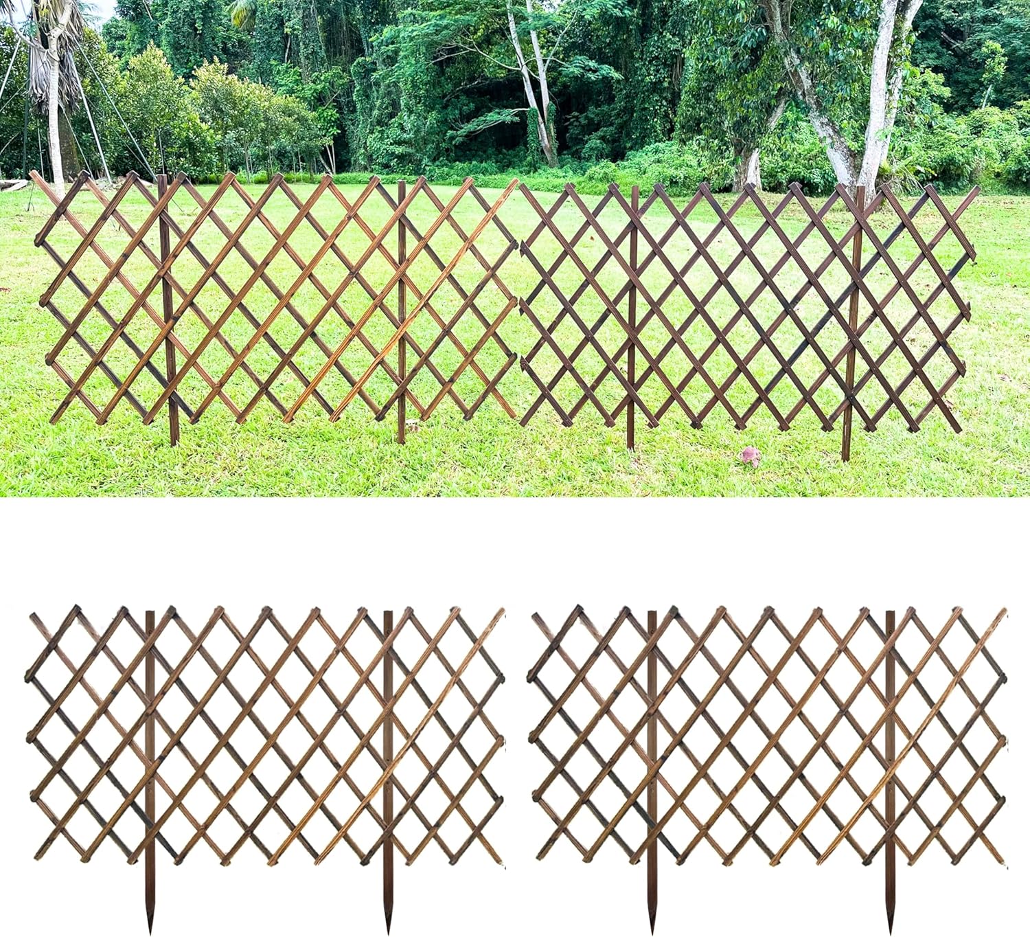 ShopLaLa Garden Fence (2 Pack, Total 12ft (L)) Wooden Lattice Panels for Outside Flower Edging Landscape Patio Outdoor Decor, Expandable Wood Plant Trellis Fences and Gates, Animal Barrier for Dogs-VerdiqueGarden
