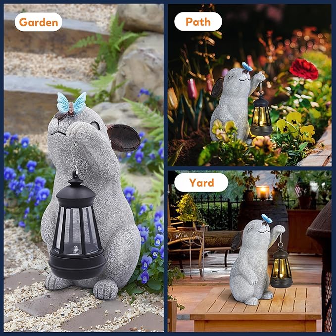 Solar Rabbit Statues for Garden Decor - Outdoor Bunny Figurine with Solar Lantern for Yard Patio Lawn Balcony Ornaments - Garden Gifts for Mothers Day, Grandma, Easter-VerdiqueGarden