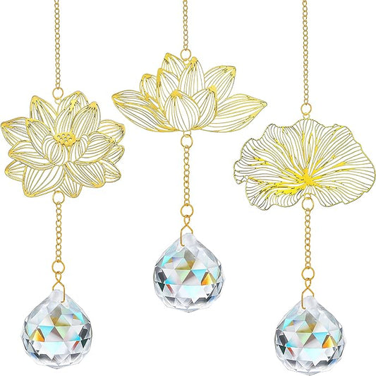 H&D HYALINE & DORA Suncatchers Lotus Leaf Pendant with Crystal Prisms Window Hang Sun Catcher Ornament Rainbow Maker for Home Garden Rearview Mirror Charms, Pack of 3-VerdiqueGarden