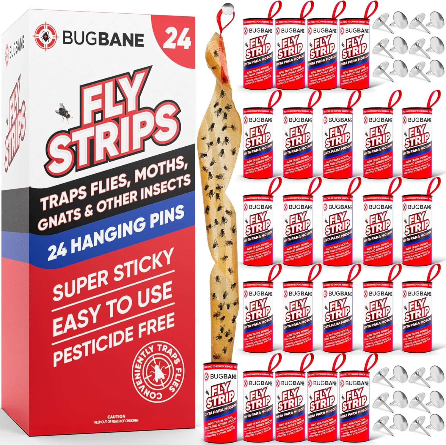 Fly Strips Indoor Sticky Hanging 24pk with Pins. Non Toxic Outdoor Fly Trap Indoor for Home. Flies Tape Paper Trap Ribbon Roll for House Gnat Fruit and Housefly. Bug Catchers for Inside Home Flypaper-VerdiqueGarden