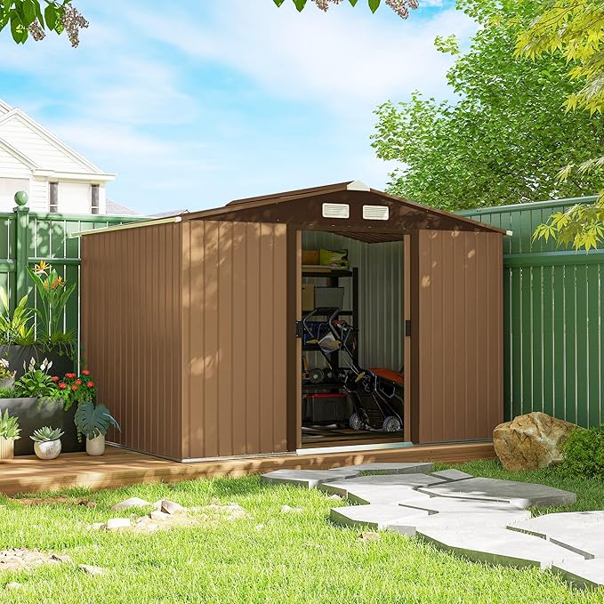 Outsunny 9' x 6' Outdoor Storage Shed, Garden Tool Metal Shed with Foundation Kit, Double Lockable Door, Air Vents and Sloping Roof, for Backyard, Patio, Lawn, Yellow-VerdiqueGarden