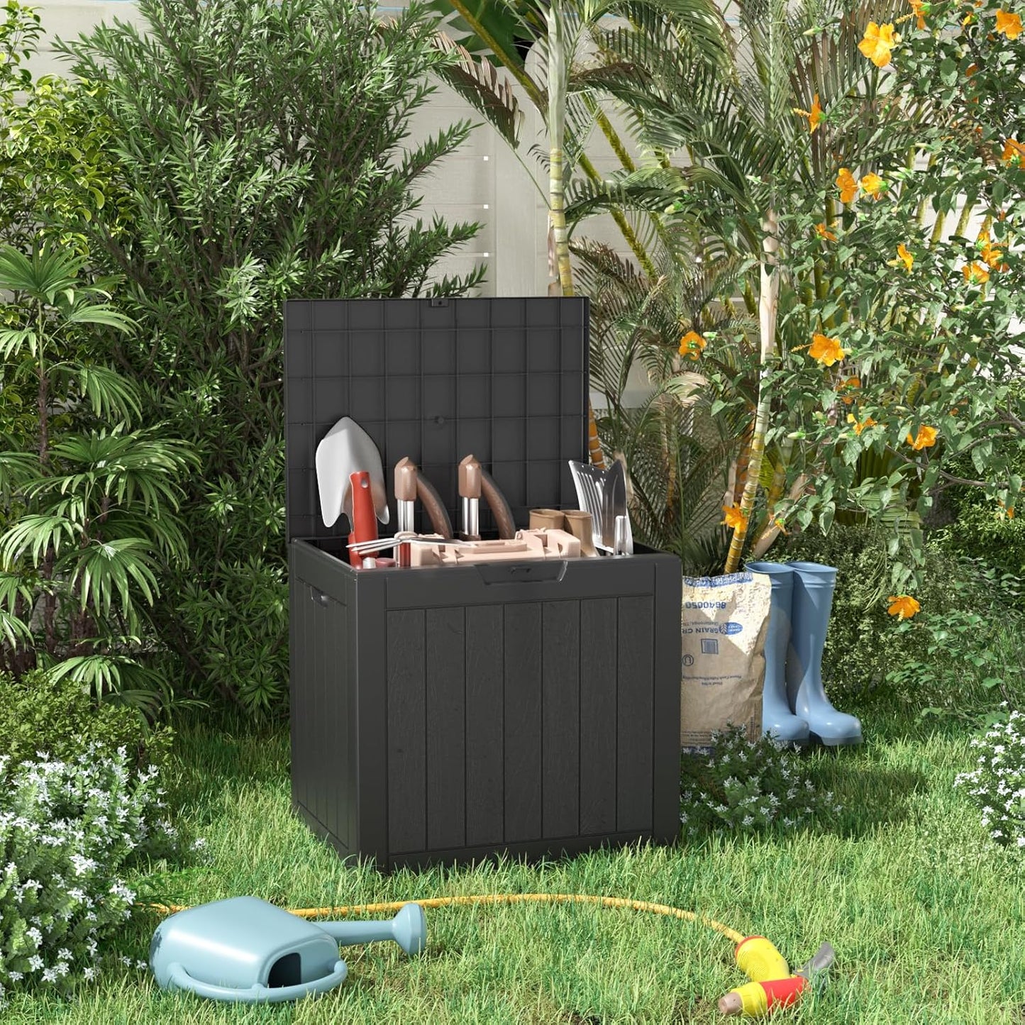 31 Gallon Resin Deck Box, Lockable Patio Outdoor Storage Box for Furniture, Garden Tools and Tools Storage, Waterproof Outside Storage Boxes - Black-VerdiqueGarden