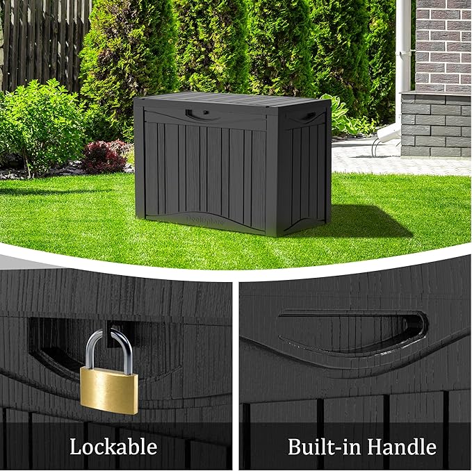 50 Gallon Plus Outdoor Storage Box, Waterproof Resin Deck Box for Patio, Pool, and Garden, Lockable Bin for Cushions, Tools, and Accessories, UV-Resistant, Black-VerdiqueGarden