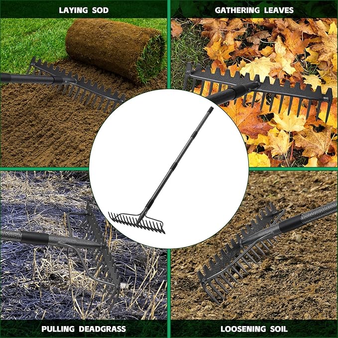 49'' Bow Rake ，17 Tines Metal Head Rakes with Stainless Steel Handle，Heavy Duty Garden Rake for Loosening Soil Gathering Leaf Leveling Lawn Farming Land Management Yarn Thatch Rake-VerdiqueGarden