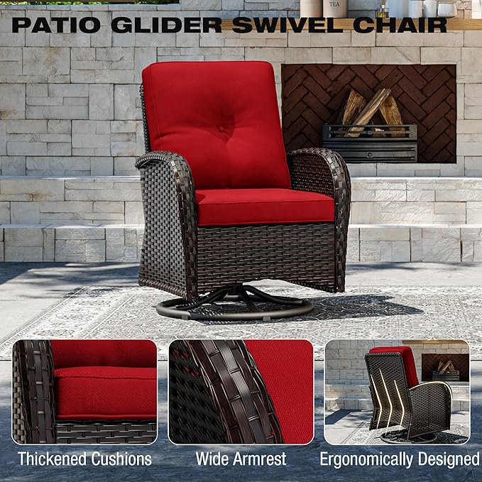 Joyside 5 Piece Patio Furniture Set, Outdoor Swivel Chair Sets with Thick Cushion and Ottoman, Wicker Patio Conversation Set for Porch, Deck Use (Brown/Red, 5 PCS)-VerdiqueGarden