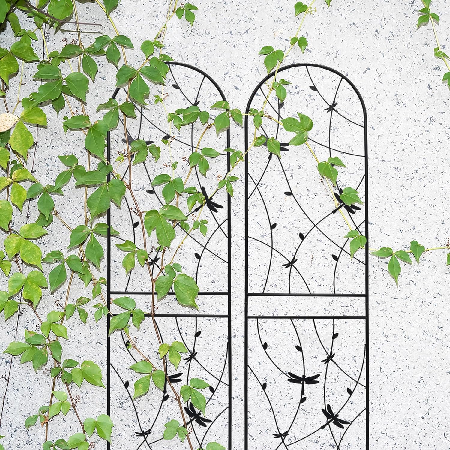 4 Pack Metal Garden Trellis 86.7" Tall Outdoor Climbing Plant Support for Roses, Flowers, Rustproof Durable Black Galvanized Tube, Lawn Garden Fence Decor Screen (4, Black dragonflies-86.7" H)-VerdiqueGarden