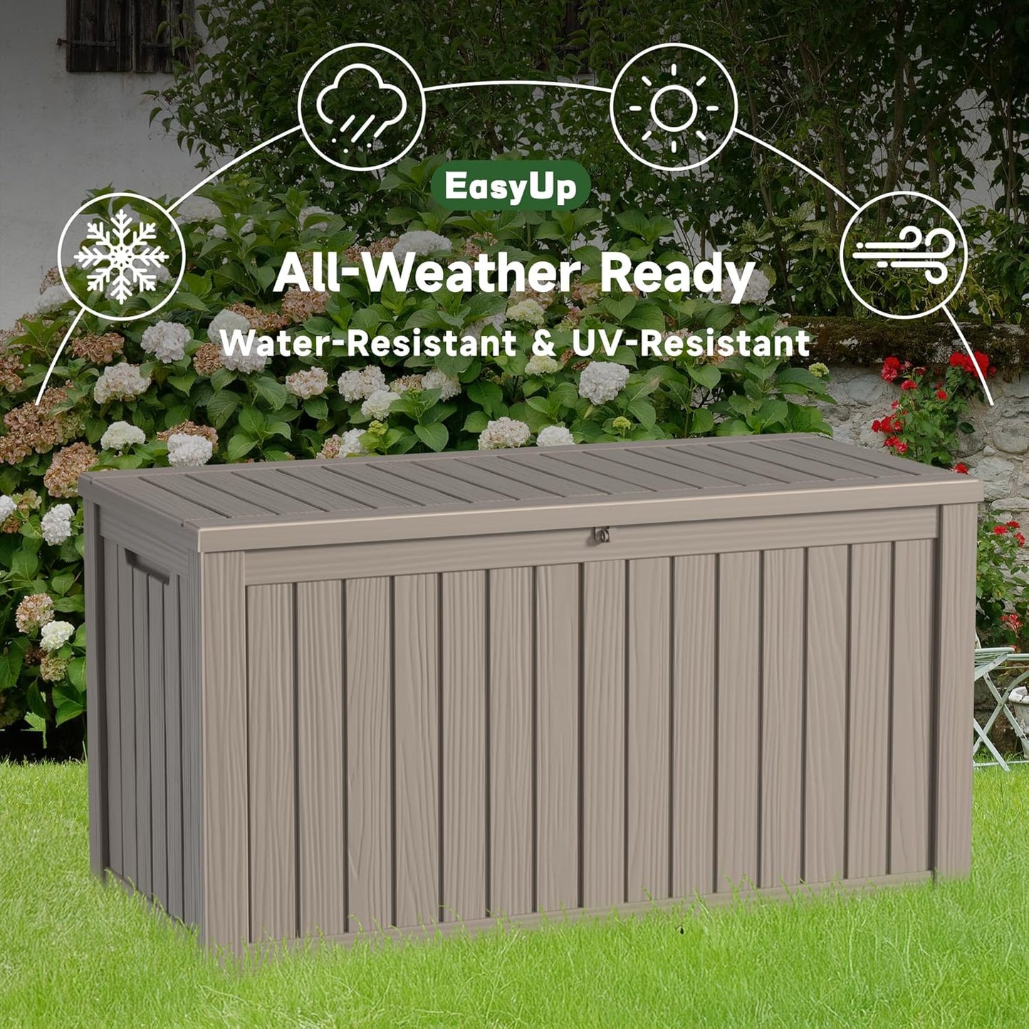 150 Gallon Outdoor Storage Box Waterproof, UV Resistant Resin Deck Box with Hydraulic Rod, Reinforced Stability for Patio, Garden, and Pool, Striped Gray-VerdiqueGarden