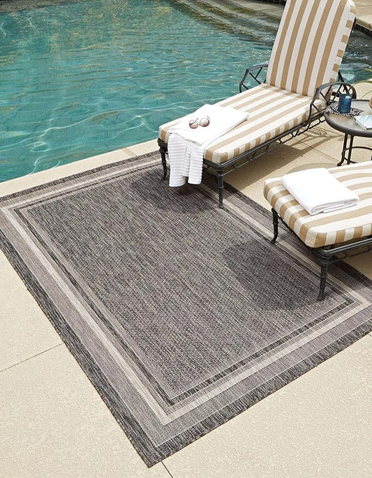 Unique Loom Outdoor Border Collection Area Rug - Soft Border (5' 3" x 7' 1" Rectangle Black/Ivory)-VerdiqueGarden