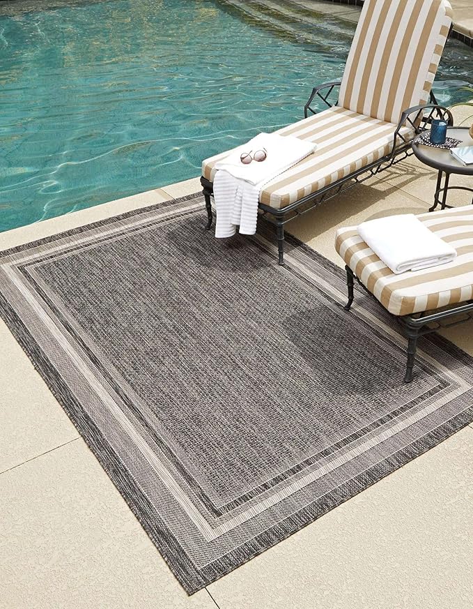 Unique Loom Outdoor Border Collection Area Rug - Soft Border (7' 10" x 10' Rectangle Black/Ivory)-VerdiqueGarden
