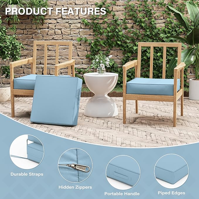 Patio Chair Cushions 19 X 19 X 4 Inch Waterproof Outdoor Seat Cushions for Patio Furniture, Outdoor Sofa Couch Pads with Ties & Handle, Set of 2, Light Blue-VerdiqueGarden