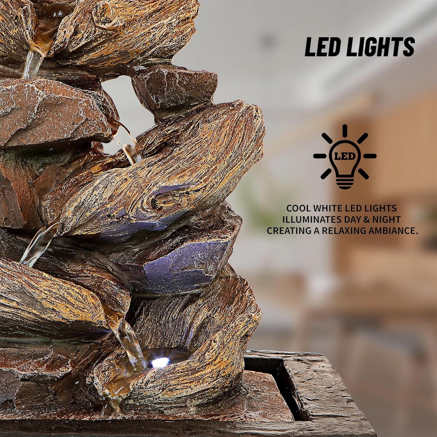 Father'sDen Collection 11-inch Waterfall Fountain Indoor - Tabletop Water Fountain - Indoor Fountains and Waterfalls with Soothing Sounds & In-Pot LED Light Enhancement-VerdiqueGarden