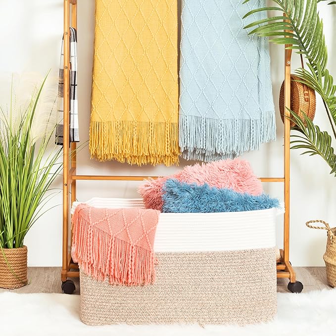 MINTWOOD Design 22in Extra Large Blanket Basket Holder Living Room, Rectangle Rope Woven Storage Basket with Handles for Laundry, Pool Towels, and Shoes, Dog Toy Organizer Bin Box, Light Brown-VerdiqueGarden