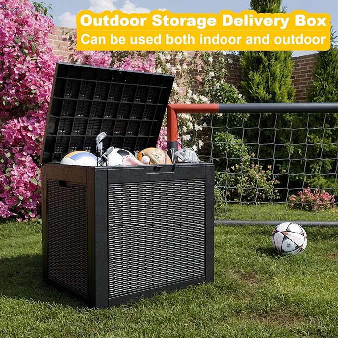 30 Gallon Wicker Pattern Resin Deck Box, Lockable Patio Outdoor Storage Box for Furniture, Garden Tools and Tools Storage, Waterproof Outside Storage Box - Black Rattan-VerdiqueGarden