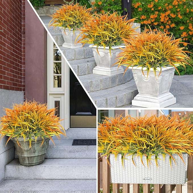 Ouddy Decor 16 Bundles Artificial Fall Plants Outdoor Fake Grass Stems UV Resistant Faux Plastic Plants Shrubs for Autumn Home Garden Pathway Farmhouse Front Porch Harvest Thanksgiving Decor, Orange-VerdiqueGarden