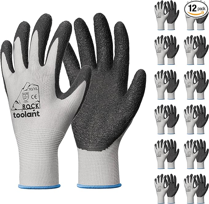 toolant Crinkle Latex Work Gloves Bulk, Rubber Coated Safety Work Gloves for Men and Women, 12 Pairs for Construction, Gardening, Warehouse (Gray, XL)-VerdiqueGarden