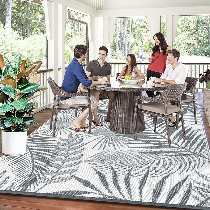 HiiARug Outdoor Reversible Plastic Straw Rug, 9'x12', Cool Gray, Large Patio Mat for RV, Backyard, Deck, Picnic, Beach, Trailer, Camping-VerdiqueGarden
