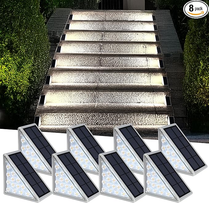 LED Solar Step Lights Waterproof Outdoor Stair Lights, Solar Deck Lights Outdoor Decor IP67 Solar Lights for Yard, Patio, Garden, Walkways, Front Door, Pathway, Driveway (8)-VerdiqueGarden