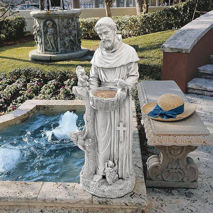 Design Toscano Nature's Nurturer Francis Assisi Religious Garden Decor Statue Bird Bath Feeder, Large, 37 inch, Cast Stone Resin, Antique Stone Finish-VerdiqueGarden
