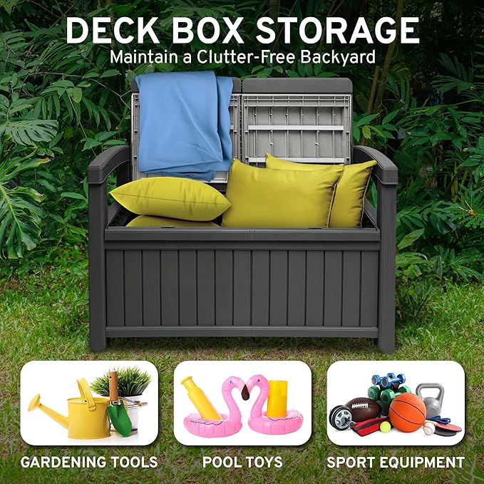 EconoHome 2 Seat Outdoor Storage Bench with Rain Cover - 60 Gallon Capacity - Weatherproof Resin Bench for Patio, Porch, Garden, Yard, Pool Area - Furniture for Pool Accessories, Gardening Tools-VerdiqueGarden