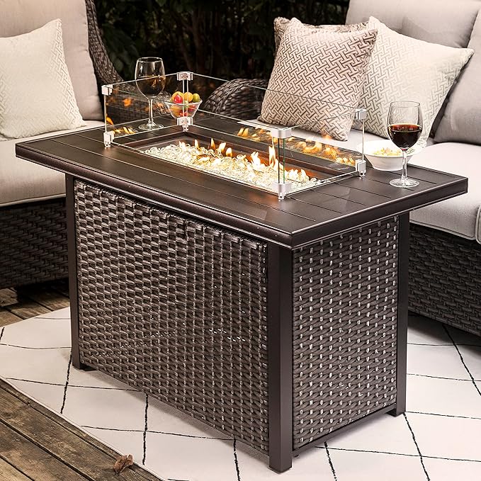 Nuu Garden Outdoor 43 Inch 50,000 BTU Propane Fire Pit Table, CSA Certified Patio Propane Fire Pit with Wind Guard, Lid, Oxford Cover, 7 lbs Glass Stone, Dark Brown-VerdiqueGarden