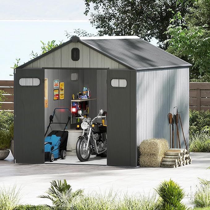 Domi 8x10FT Outdoor Resin Storage Shed with Transparent Windows & Louvered Vents, Plastic Tool Shed with Double Lockable Doors & Gable Roof, Outside Garden Shed for Backyard, Patio, Lawn, Grey-VerdiqueGarden