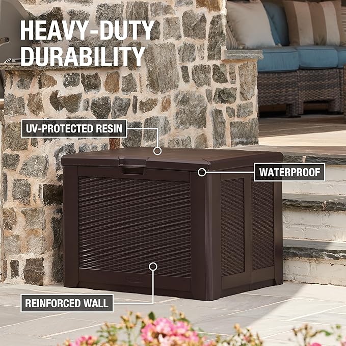 Rubbermaid Medium Resin Outdoor Storage Deck Box (74 Gal) Weather Resistant Brown Deck Organization for Home/Backyard/Pool Chemicals/Toys/Garden Tools/Porch/Patio Cushions-VerdiqueGarden