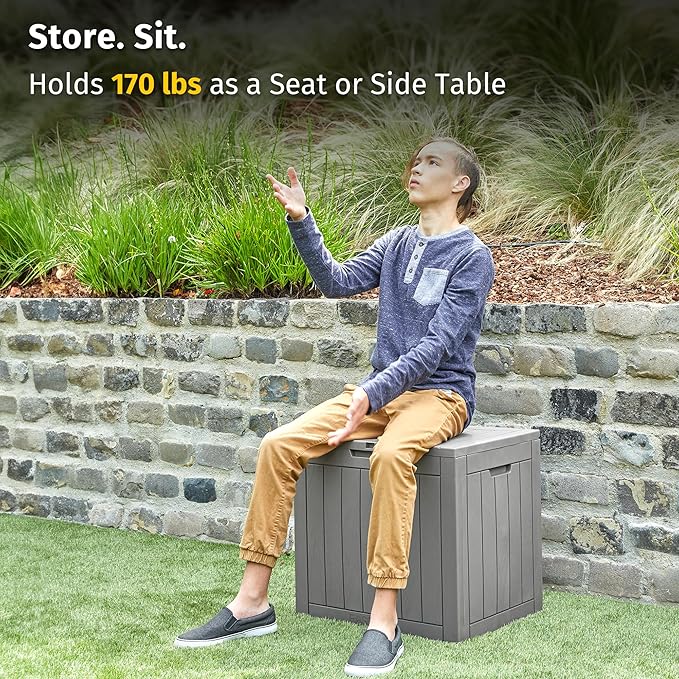 EAST OAK Outdoor Storage Box, 31 Gallon Deck Box Indoor and Outdoor Use, Waterproof Resin Storage Bin for Package Delivery, Patio Cushions, Gardening Tools, Lockable, UV Resistant, Grey-VerdiqueGarden