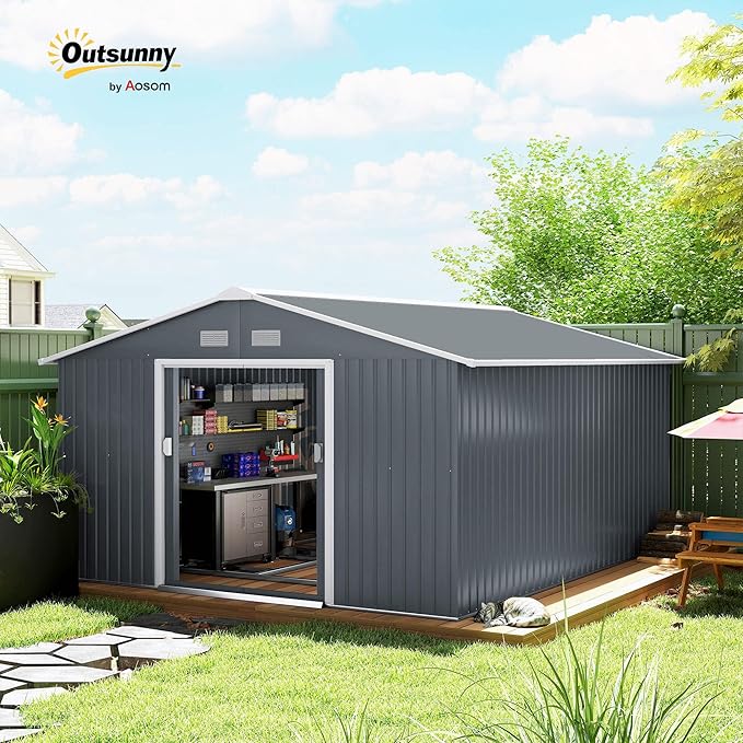 Outsunny 11' x 13' Outdoor Storage Shed, Garden Tool Metal Shed with Foundation Kit, Double Lockable Door, Air Vents and Sloping Roof, for Backyard, Patio, Lawn, Dark Gray-VerdiqueGarden