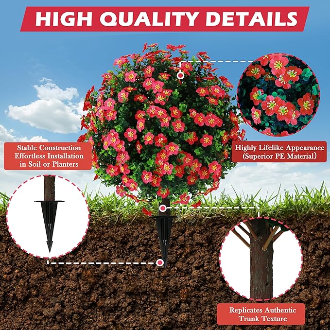 Sunnyglade Set of 2 Artificial Boxwood Topiary Ball Trees with Red Flower, Faux Shrub Bushes with Ground Spike 25.5", UV Resistant Fake Boxwood Plants for Indoor, Garden, Porch, Patio Decor (Red)-VerdiqueGarden