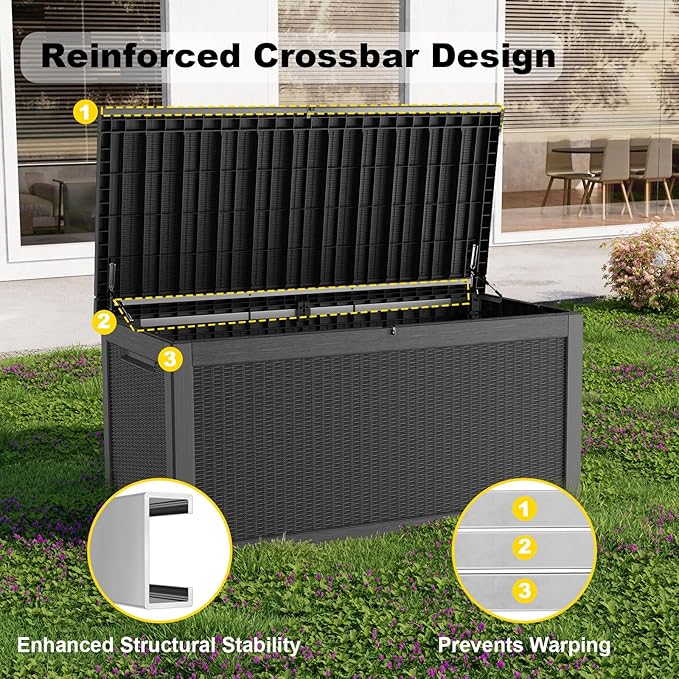 268 Gallon Outdoor Deck Box,Storage Lockable Waterproof Patio Furniture,Garden Tools,Cushions,Pool Accessories Outside Storage Resin Box(Black)-VerdiqueGarden