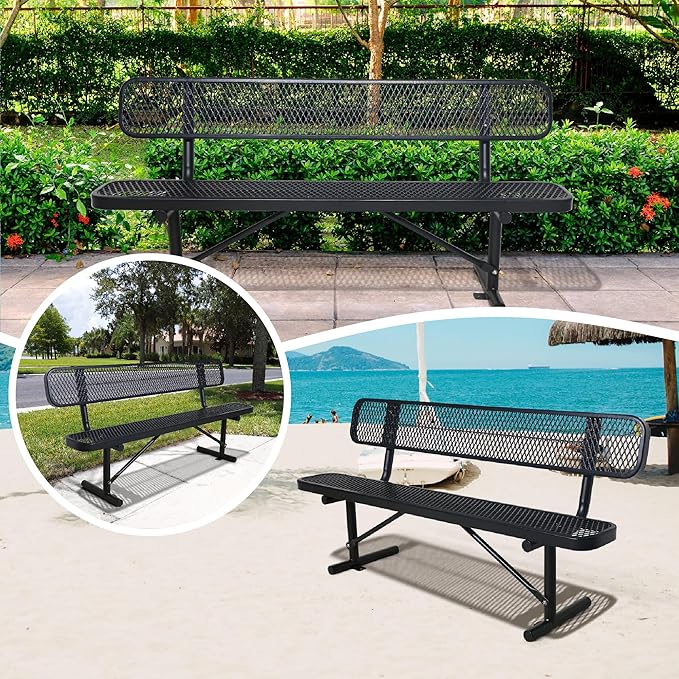 8 FT Heavy Duty Metal Park Bench for Outside, Black Bench with Backrest,4-6 Person Seat, Outdoor Commercial Metal Mesh Benches for Shopping Mall, Lawn, Park, Deck, Garden, Patio, Porch-VerdiqueGarden