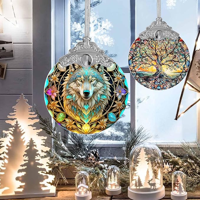 Stained Glass Suncatcher Hanging Ornament, Wolf Decor for Home, Christmas Ornament-VerdiqueGarden