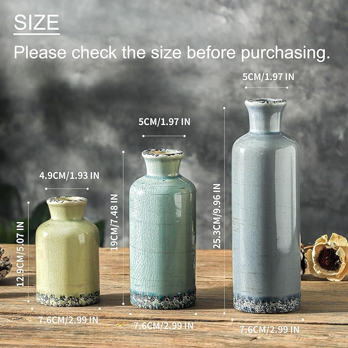 Flower Vase Set of 3, Ceramic Neutral Vases Home Decor, Pottery Rustic Farmhouse Decorative Vases Modern Decor for Table Mantel Entryway Bookshelf Living Room Kitchen Bedroom - Multicolor-VerdiqueGarden