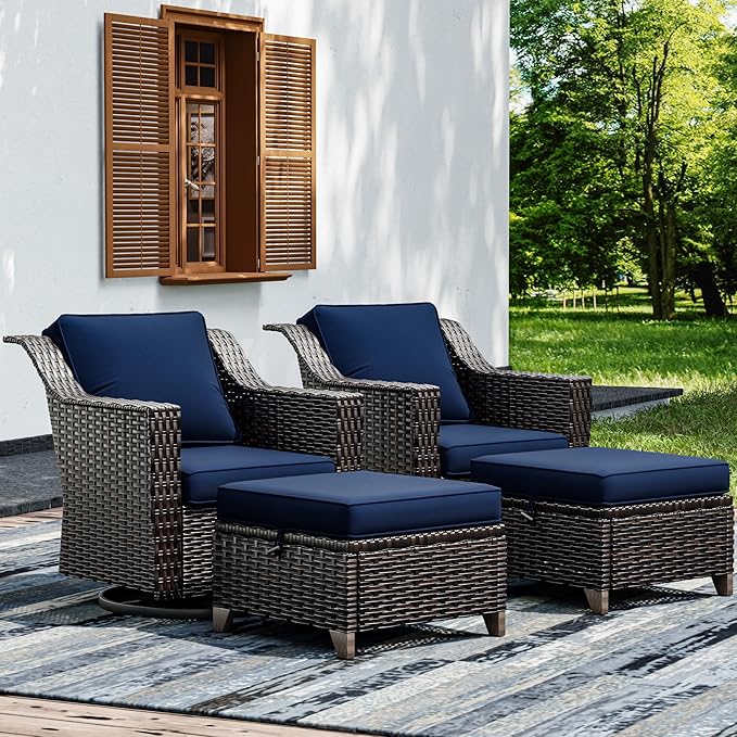 Joyside Wicker Patio Furniture Sets, 4 Pieces Upgraded Large Size Outdoor Furniture with Swivel Rocking Patio Chairs and Outdoor Ottoman, Thick Cushions, Wide Armrest-VerdiqueGarden