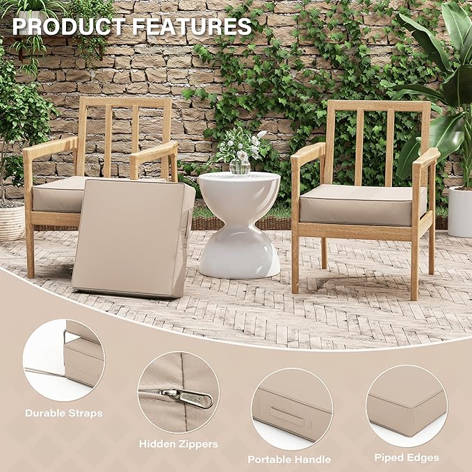 Patio Chair Cushions 19 X 19 X 4 Inch Waterproof Outdoor Seat Cushions for Patio Furniture, Outdoor Sofa Couch Pads with Ties & Handle, Set of 2, Sand-VerdiqueGarden