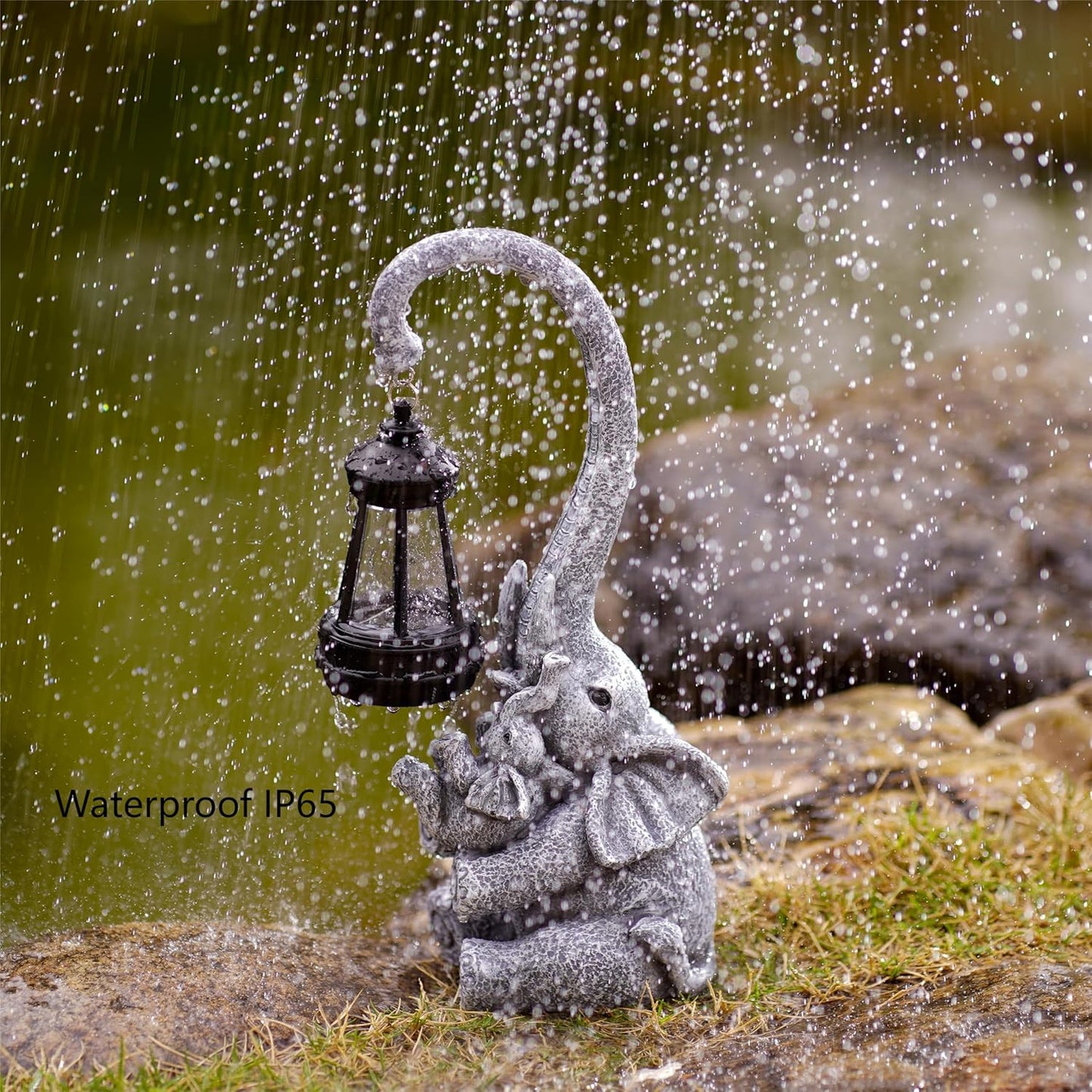 Elephant Outdoor Statues with Cute Baby Garden Decor, Resin Elephant Figurines with Solar Lantern Outdoor Decoration Gifts for Mothers Day, Birthday Day-VerdiqueGarden