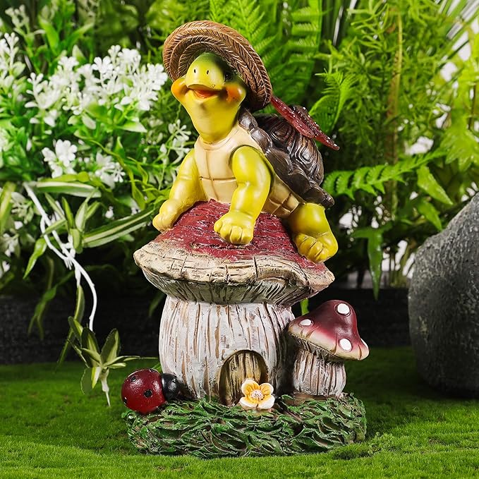 Turtle Figurine Garden Decor, Solar Turtle Outdoor Statue, Funny Turtle Gift Sculpture Decoration for Home Patio Yard Lawn Porch Ornament-VerdiqueGarden