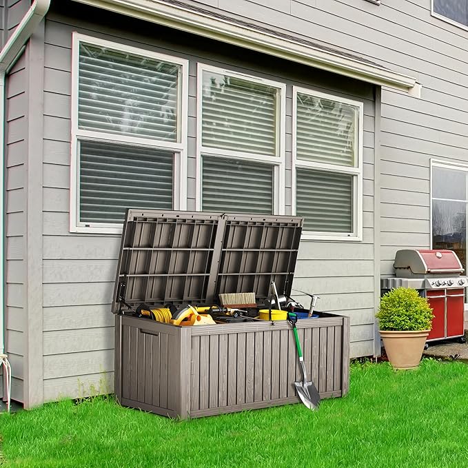 180 Gallon Lockable Resin Deck Box, Waterproof & UV-Resistant Outdoor Storage Box for Outdoor Cushion Storage, Garden Tools & Pool Accessories Storage, Gray-VerdiqueGarden